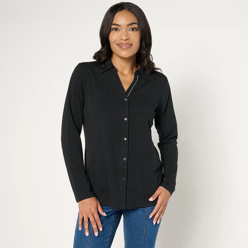 Denim & Co. Essentials So Soft Jersey Lurex Detail Button Up Top - Sz 2X a672223